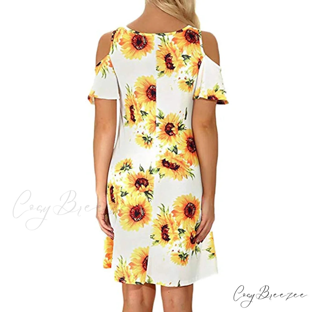 Sunflower Print Mini Dress for Women - Summer Casual Style
