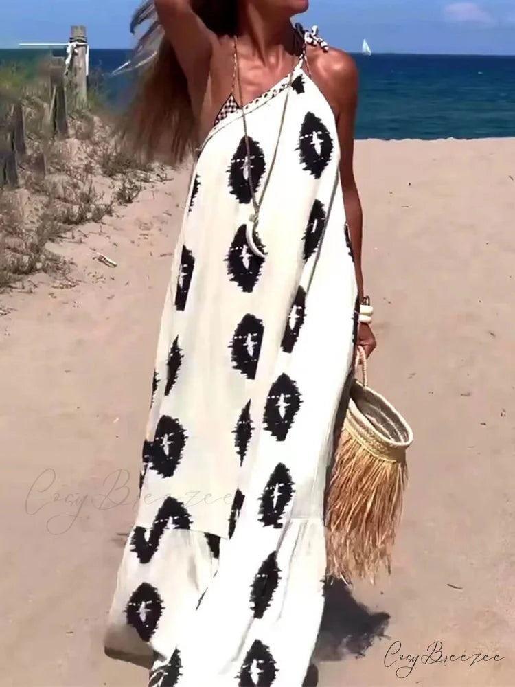 Sunshine Ethnic Print One Graceful Shoulder Loose Maxi Dress