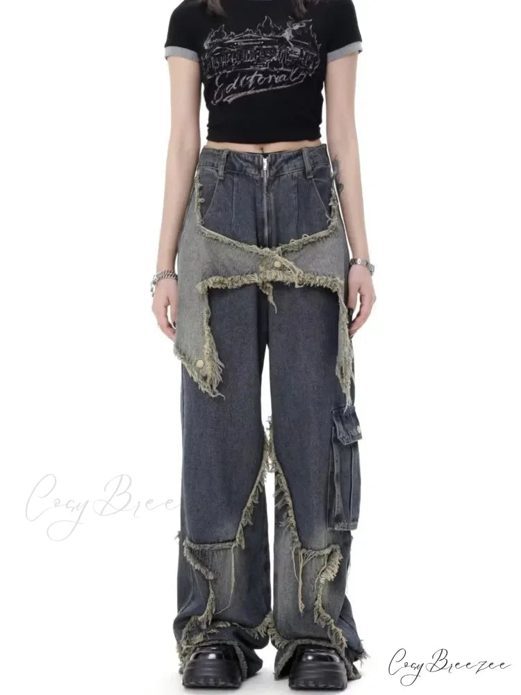 Super Beautiful Flower High Waist Summer Loose Wide Leg Vintage Unique Versatile Straight Women’s Jean Retro Blue / S