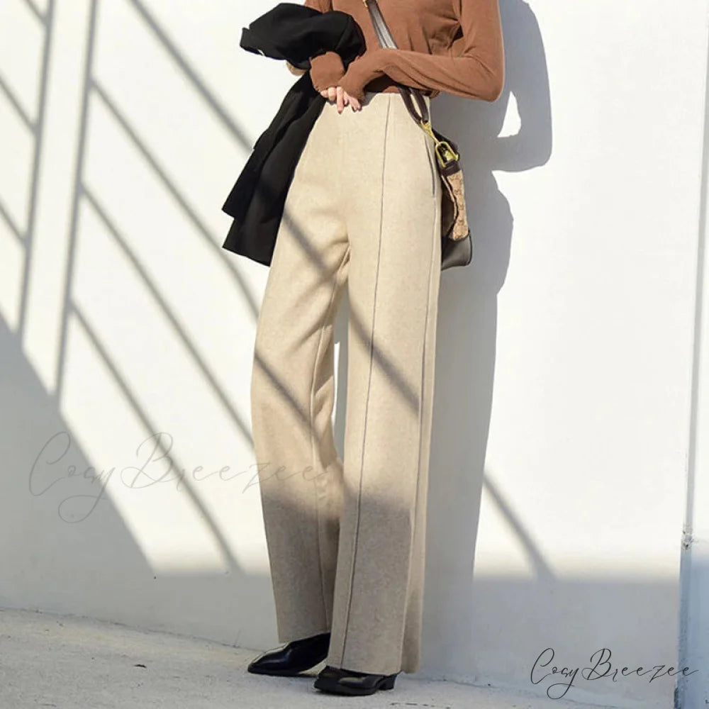 Super High Waist Wool Blend Warm Loose Cashmere Thick Woolen Pants Beige / S 40-50kg