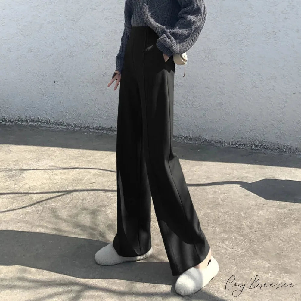 Super High Waist Wool Blend Warm Loose Cashmere Thick Woolen Pants Black / S 40-50kg