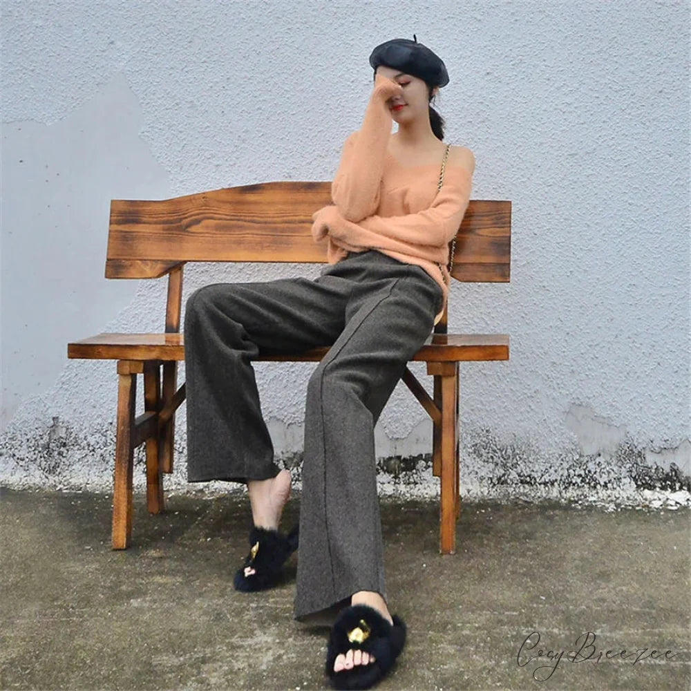 Super High Waist Wool Blend Warm Loose Cashmere Thick Woolen Pants Dark Grey / S 40-50kg