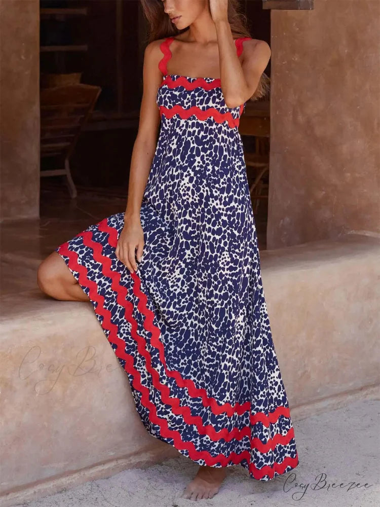 Suspender Print Stylish Maxi Dress Dark Blue / S