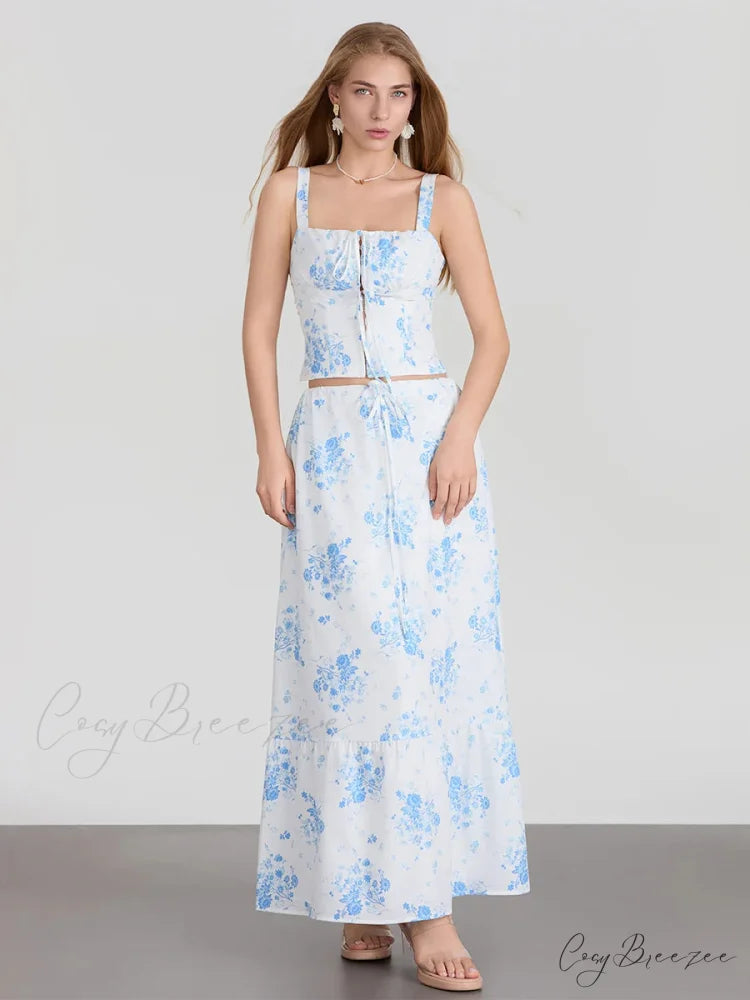 Suspender Tank Top Drawstring A-Line Floral Dress Blue / S floraldress-250126
