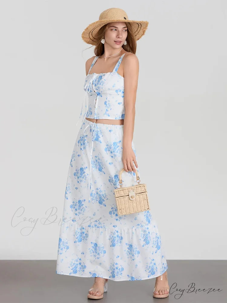 Suspender Tank Top Drawstring A-Line Floral Dress floraldress-250126