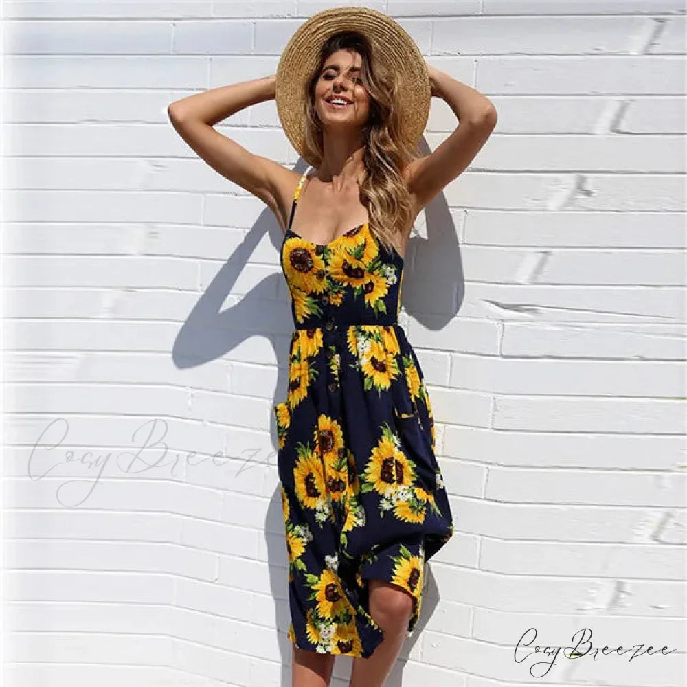 Suspender V-neck Sleeveless Floral Vacation Dress Navy blue / S oldfloraldress-250126