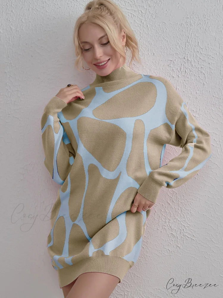 Sweater Gown with Mock Neck Contrast Khaki / One Size