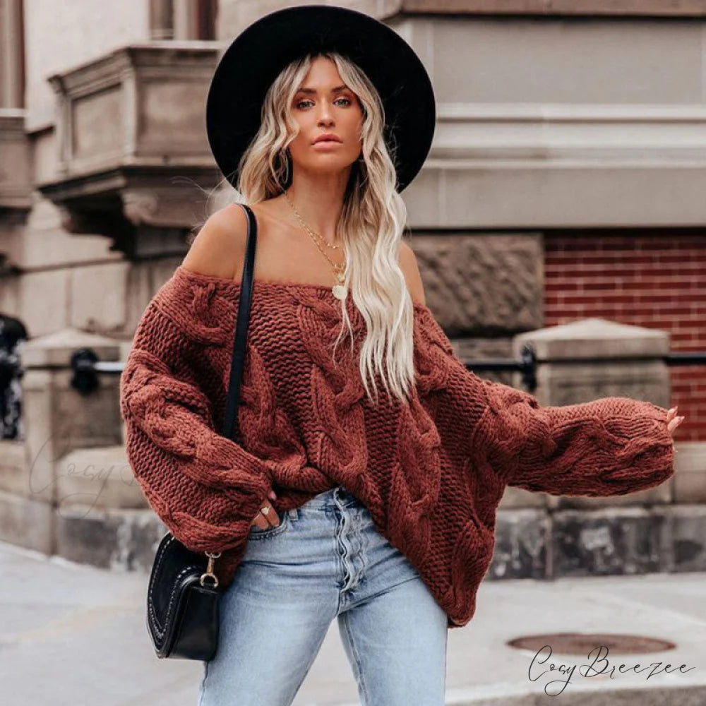 sweater style neck and knitted European Women’s loose - round - American pullover Dark Red / S