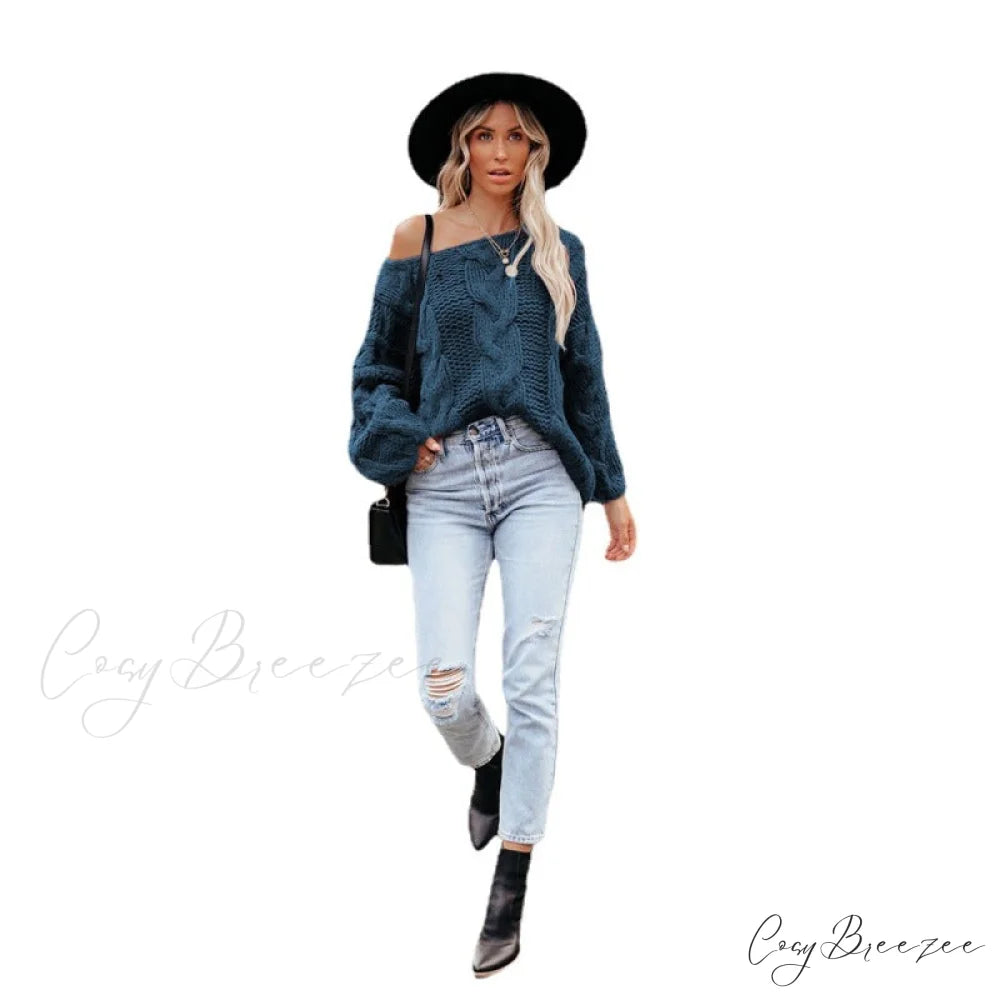 sweater style neck and knitted European Women’s loose - round - American pullover Denim Blue / S