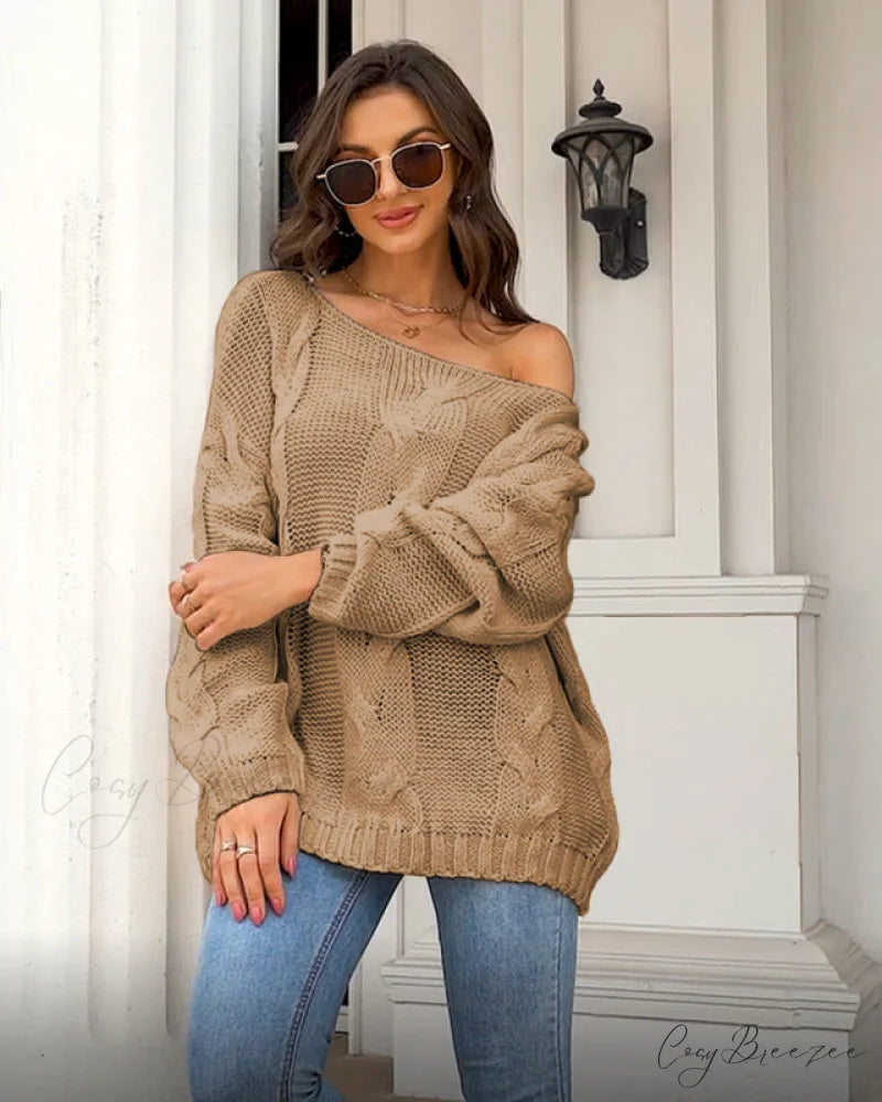sweater style neck and knitted European Women’s loose - round - American pullover Khaki / S