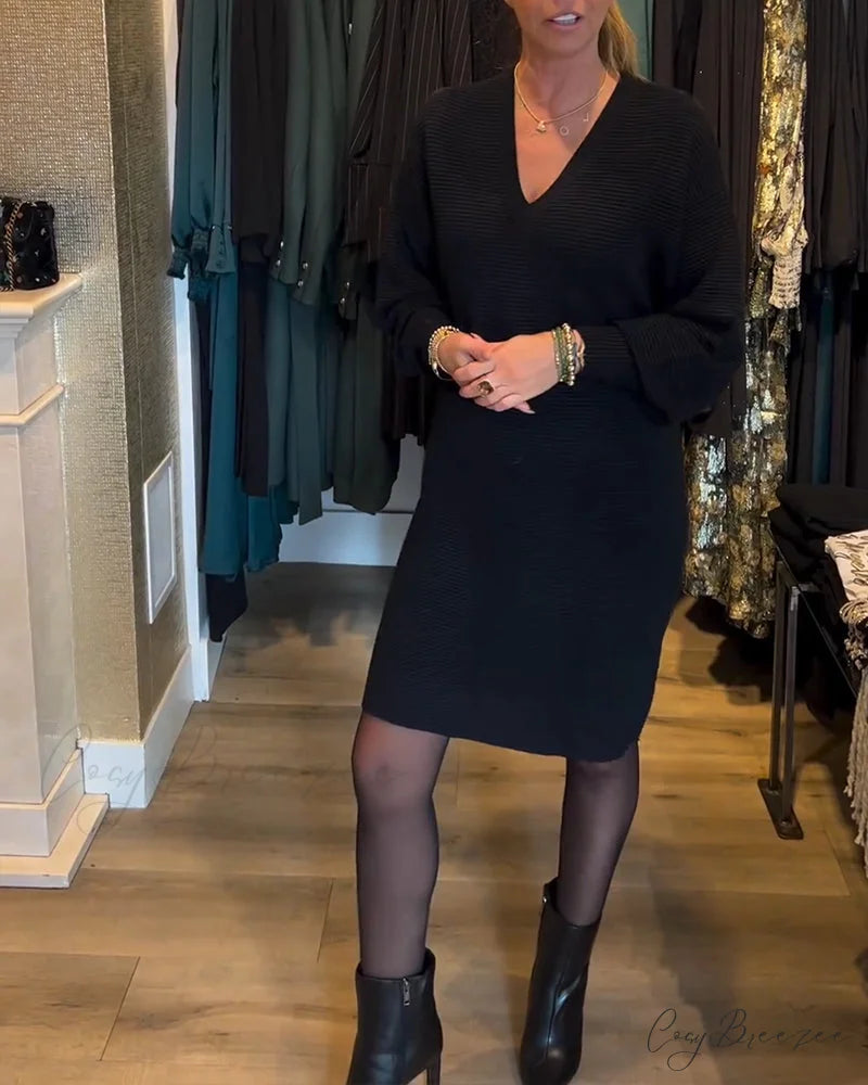 Sweater V-Neck Color Solid Dress