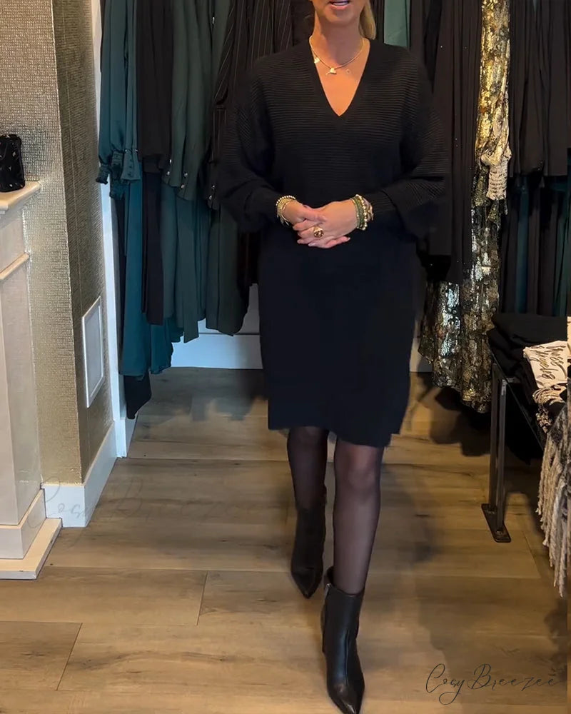Sweater V-Neck Color Solid Dress