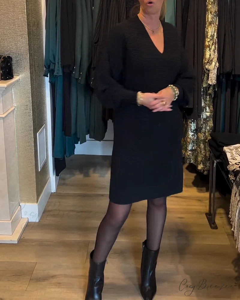 Sweater V-Neck Color Solid Dress