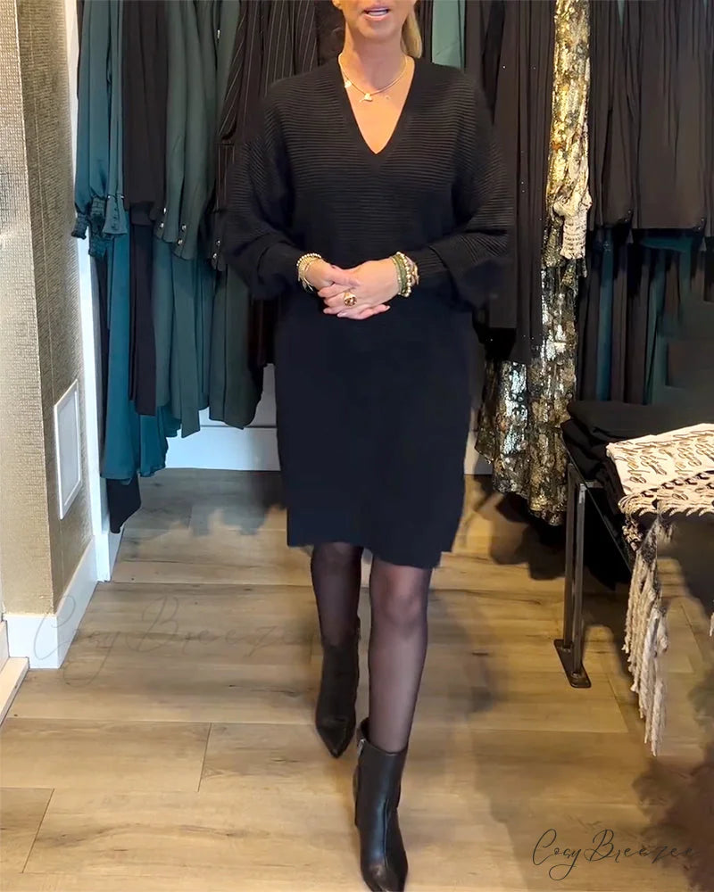 Sweater V-Neck Color Solid Dress Black / S