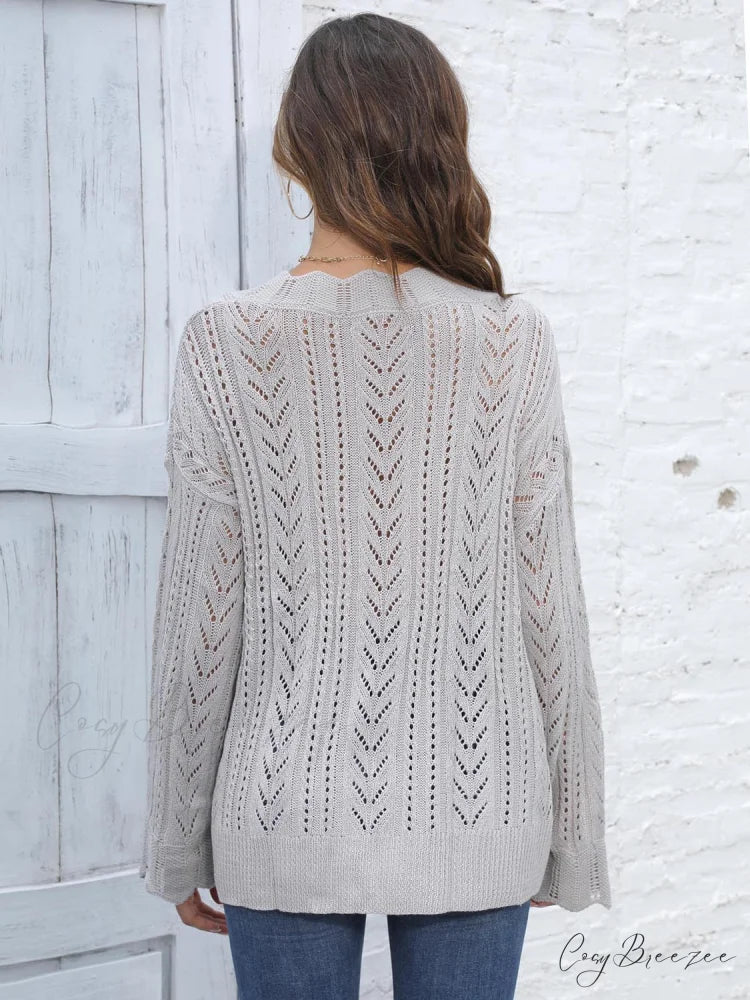 Sweater V-Neck with Openwork Design Charcoal / One Size