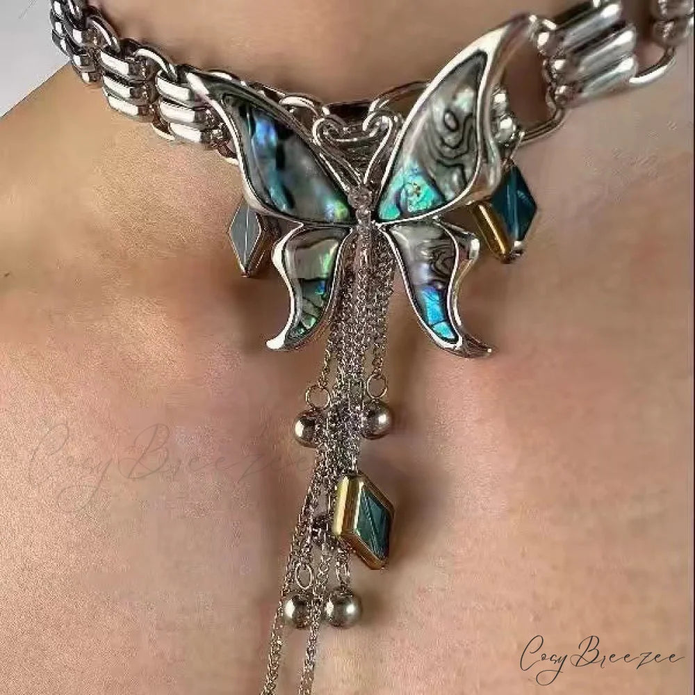 Sweet Cool Heavy Punk Butterfly Tassel Necklace BLUE