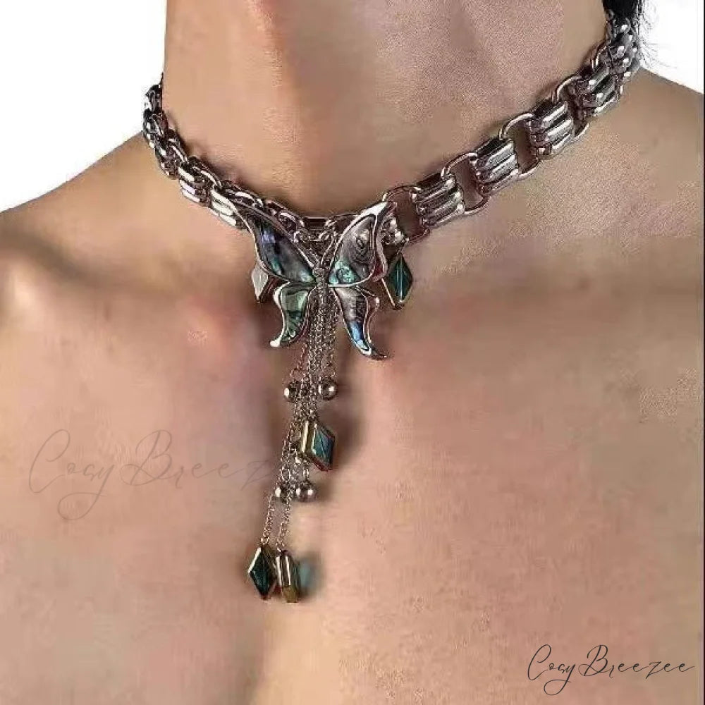 Sweet Cool Heavy Punk Butterfly Tassel Necklace BLUE