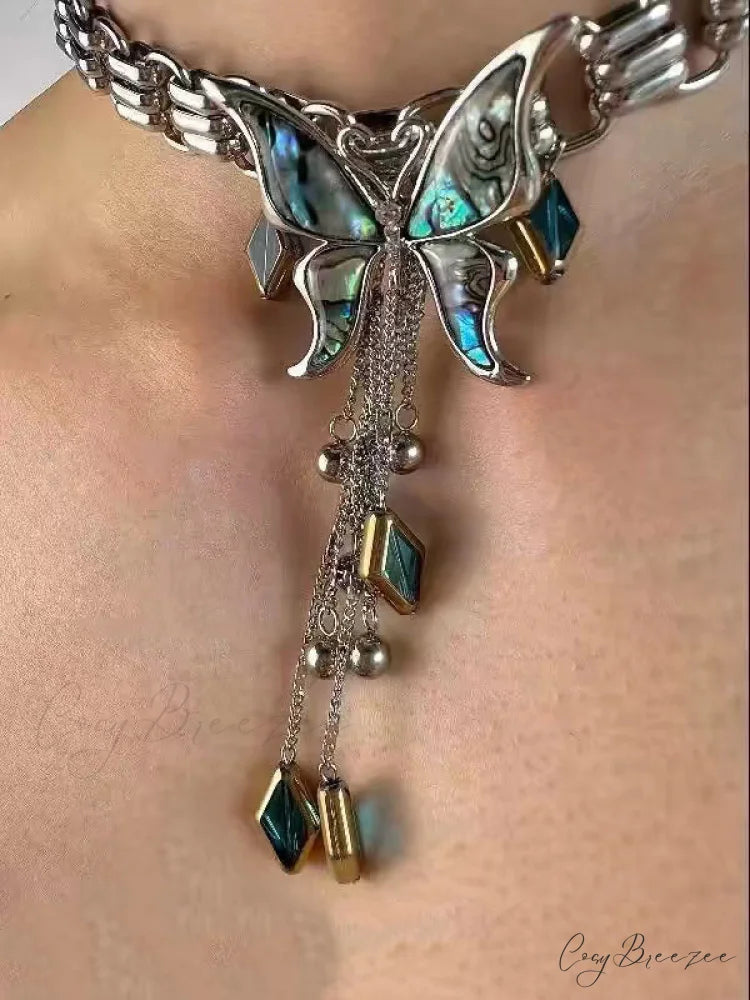 Sweet Cool Heavy Punk Butterfly Tassel Necklace BLUE