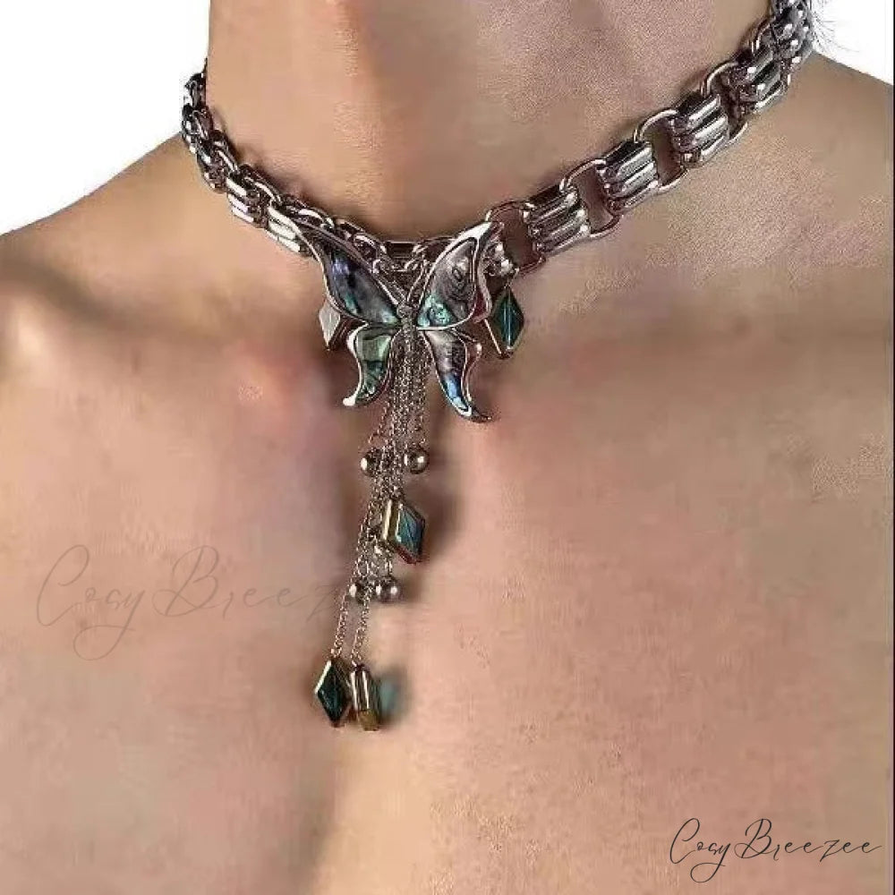 Sweet Cool Heavy Punk Butterfly Tassel Necklace BLUE