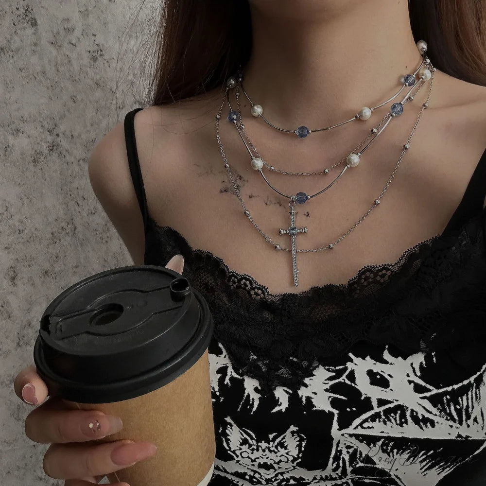 Sweet Cool Layered Cross Pearl Necklace SILVER