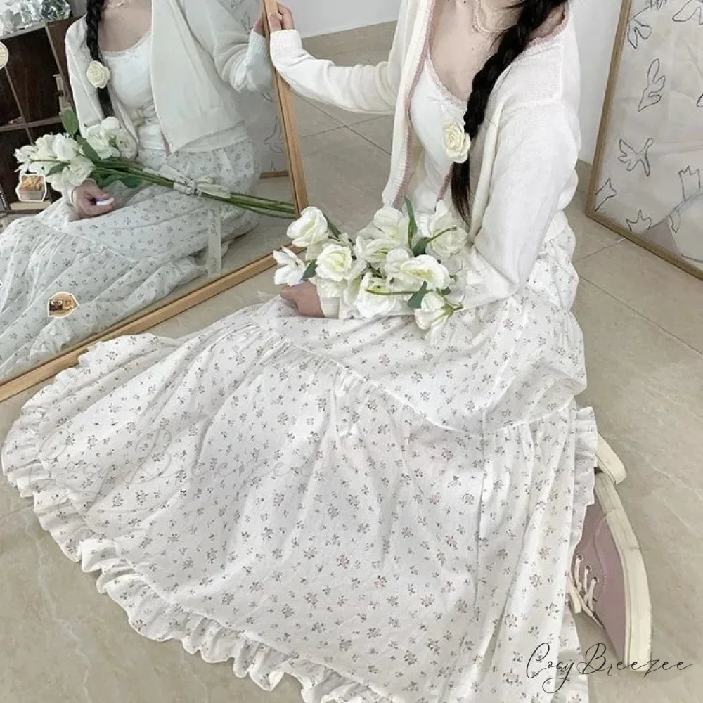 Sweet Floral Fungus A-line Skirt Women High Waist Ruched Cake Skirt skirt-250126
