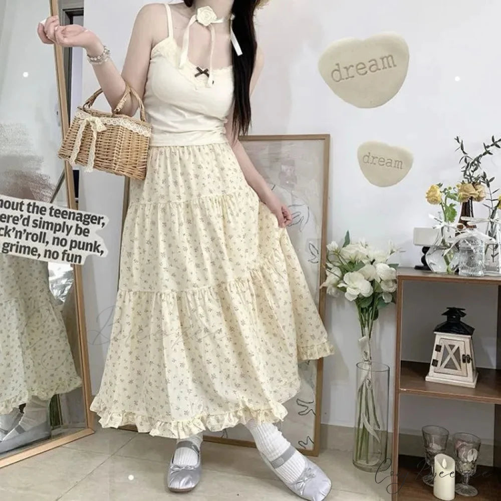 Sweet Floral Fungus A-line Skirt Women High Waist Ruched Cake Skirt skirt-250126
