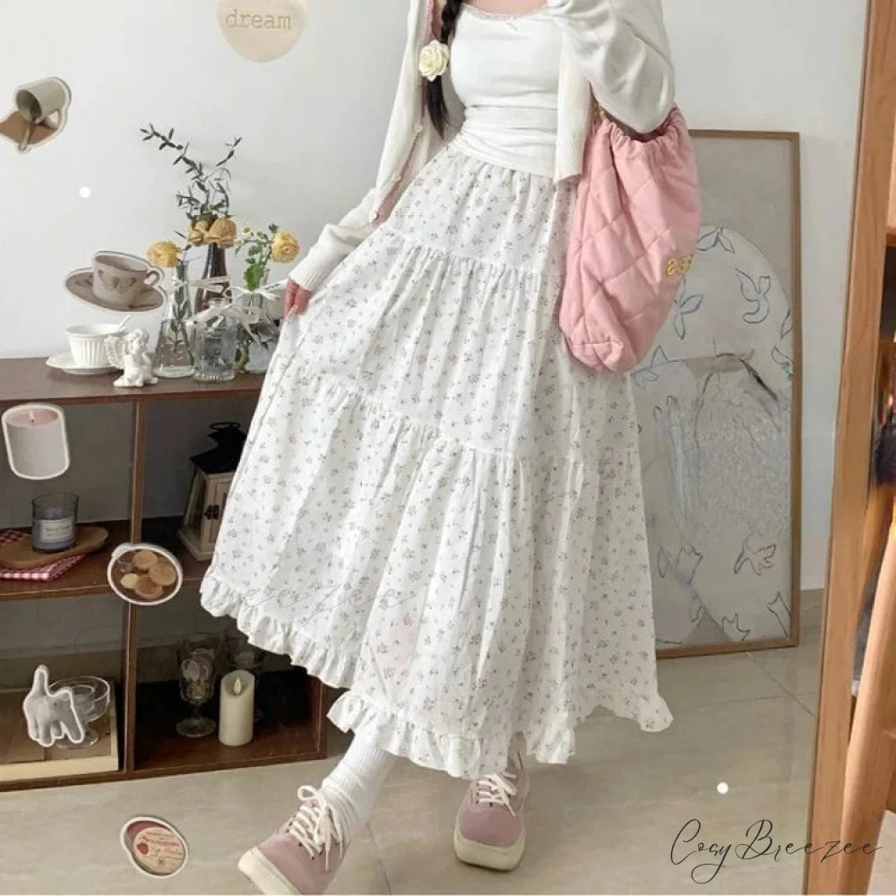 Sweet Floral Fungus A-line Skirt Women High Waist Ruched Cake Skirt WHITE / S skirt-250126