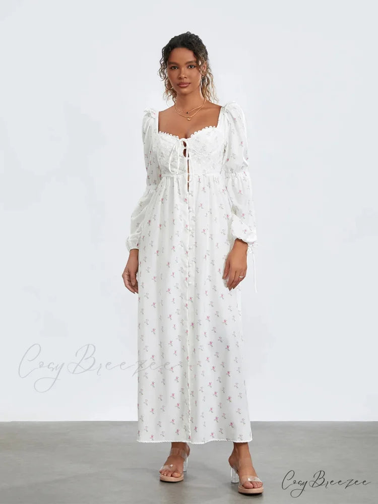 Sweet Floral Print Puff Sleeve High Split Dress floraldress-250126