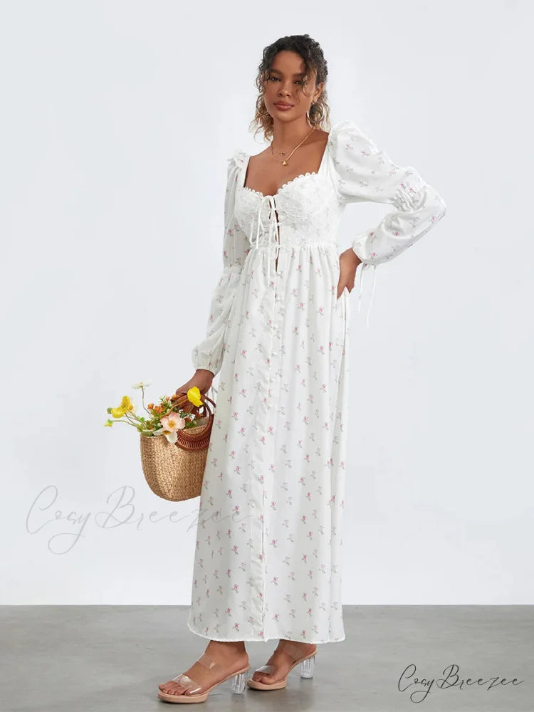 Sweet Floral Print Puff Sleeve High Split Dress floraldress-250126