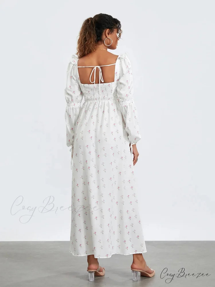Sweet Floral Print Puff Sleeve High Split Dress floraldress-250126