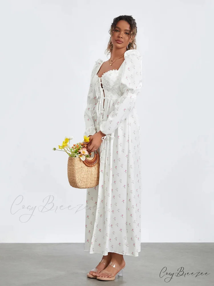 Sweet Floral Print Puff Sleeve High Split Dress floraldress-250126