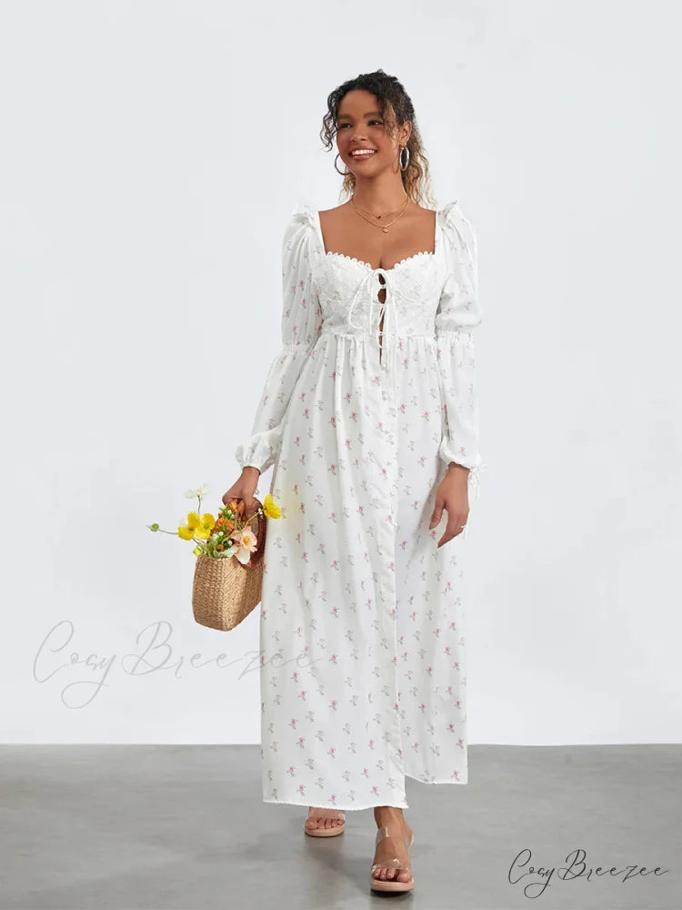 Sweet Floral Print Puff Sleeve High Split Dress WHITE / S floraldress-250126