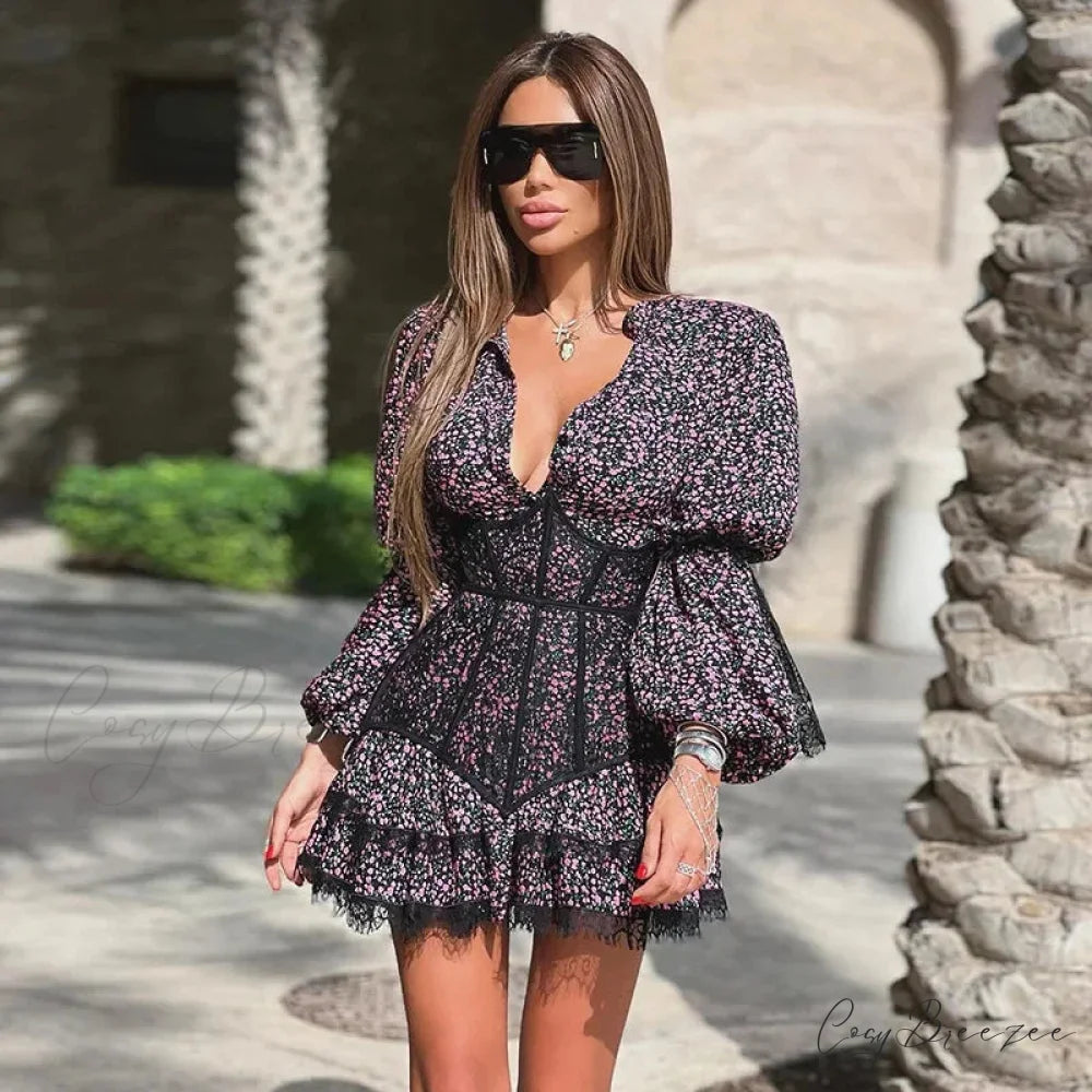 Sweet Fresh Print Waist Short Lace Dress floraldress-250126
