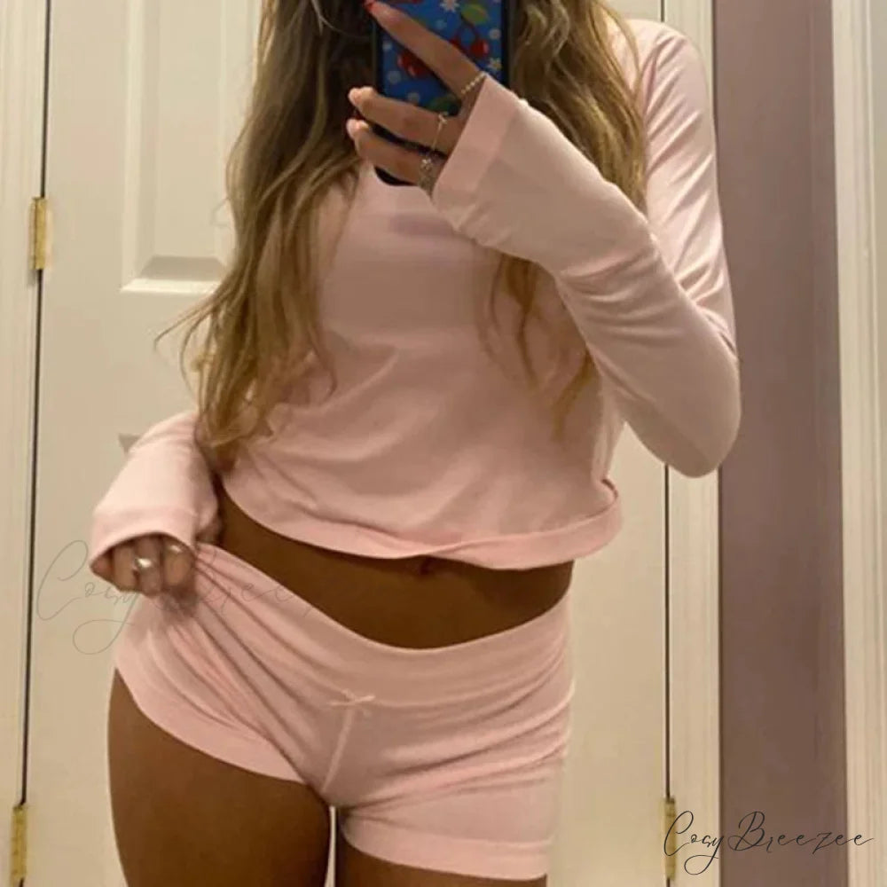 Sweet Girl Long Sleeve Crop Top Shorts Two Pieces Set PINK1 / S twopiecesset-250126