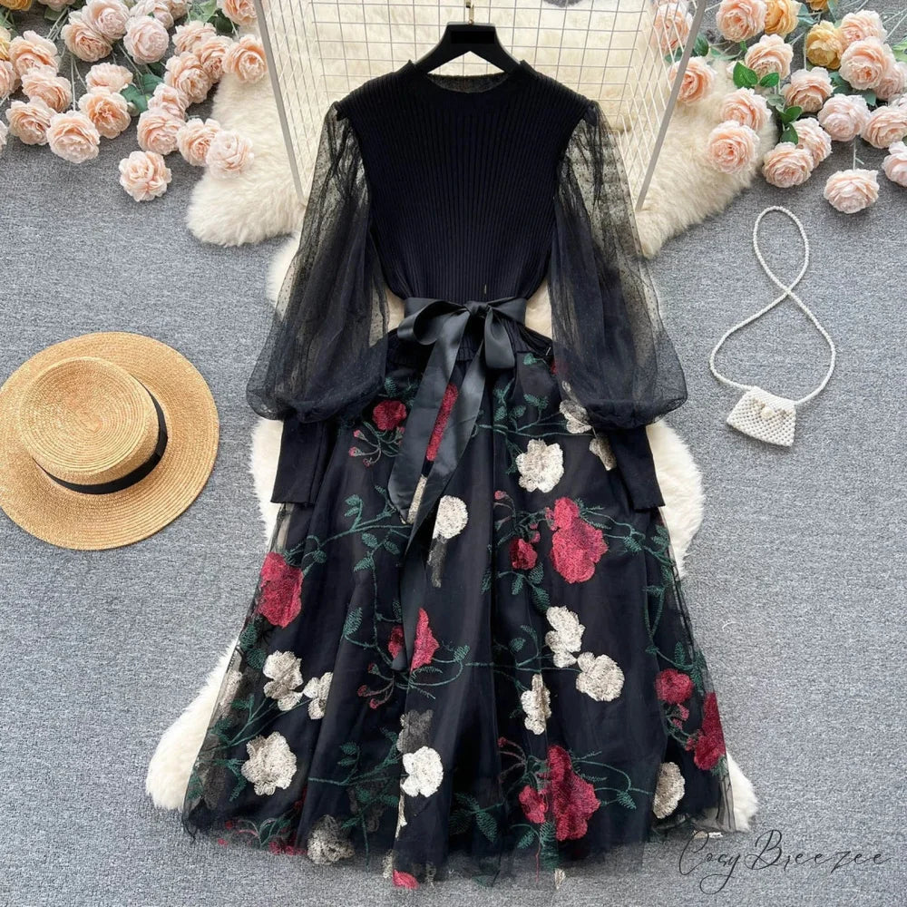 Sweet Patchwork Long Lantern Sleeves Bow Mesh Embroidery Floral High Waist A-Line Elegant Party Dress Black / One Size