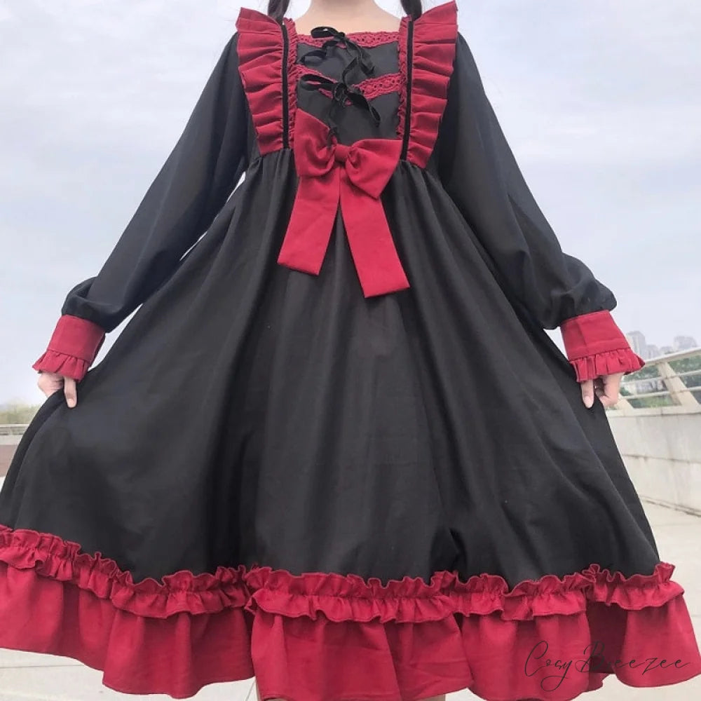 Sweet Ruffles Harajuku Lolita Gown Women Kawaii Gothic Cosplay Splice Party Bandage Bow Dress Red / One Size