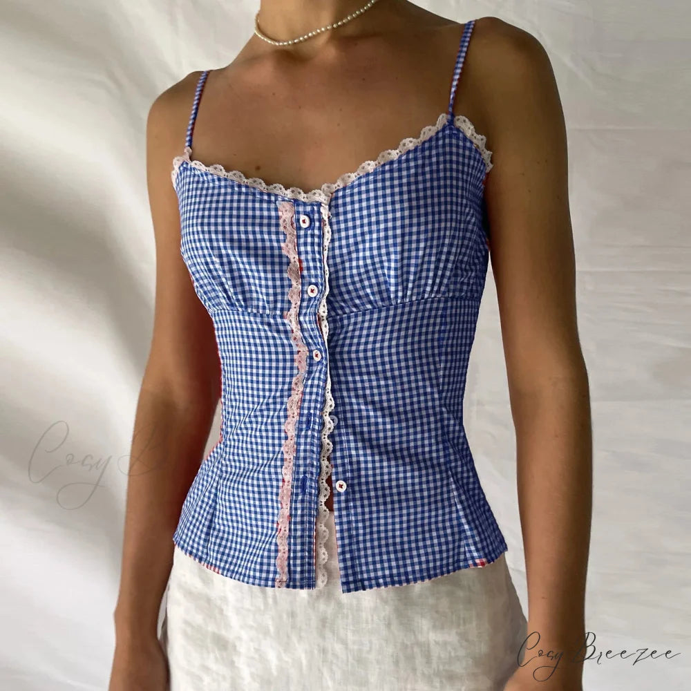 Sweetheart Plaid Button Crop Top Blue / S croptop-250223