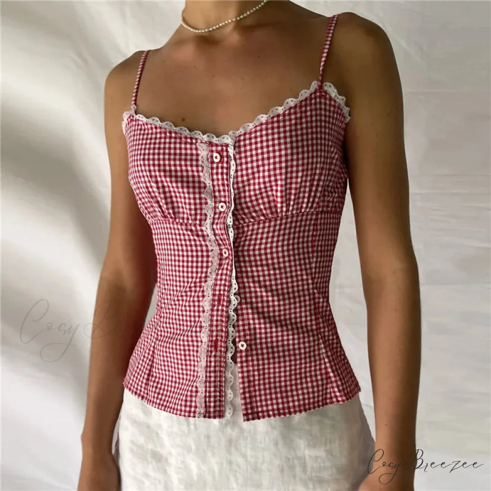 Sweetheart Plaid Button Crop Top Red / S croptop-250223