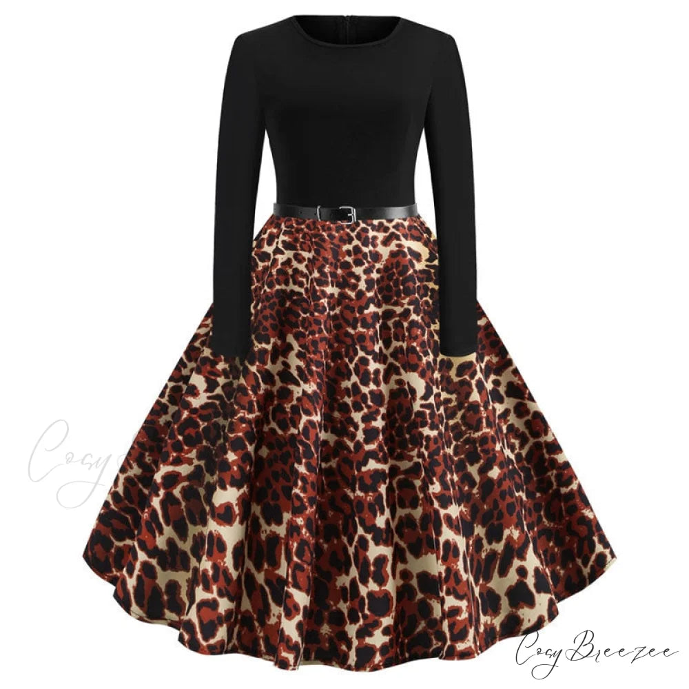 Swing 50S Gown Black Vintage 60S Plus Pinup Winter Arm Women Christmas Party Long Size Print