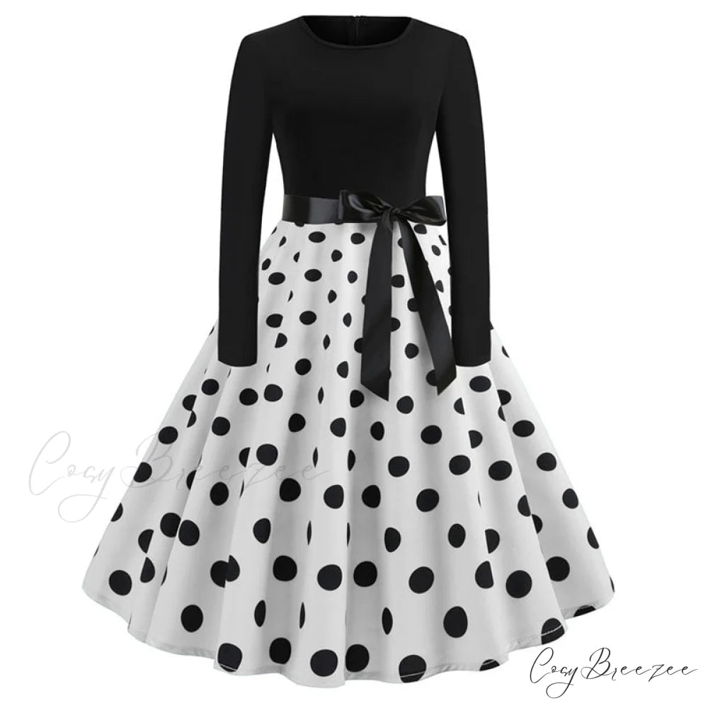 Swing 50S Gown Black Vintage 60S Plus Pinup Winter Arm Women Christmas Party Long Size Print A002 / S
