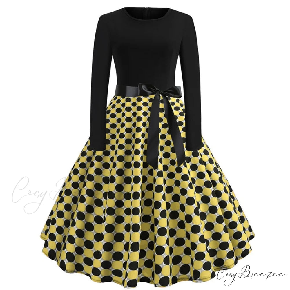 Swing 50S Gown Black Vintage 60S Plus Pinup Winter Arm Women Christmas Party Long Size Print A003 / S