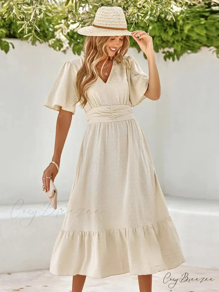 Swiss Dot V-Neck Maxi Dress