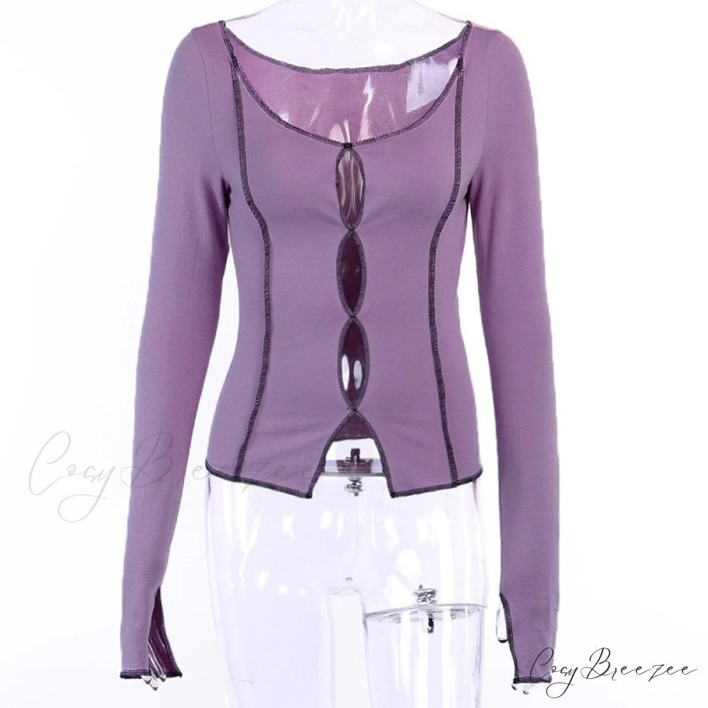 T-Shirt Arm Long for Hollow Top O-Neck Spring Casual Solid Out Women