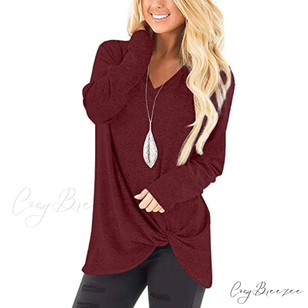 T-Shirt for Solid Arm Long Casual Women Burgundy / S