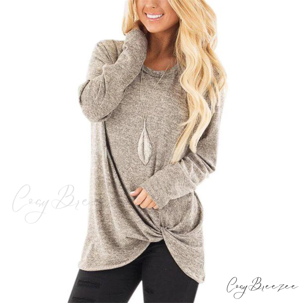 T-Shirt for Solid Arm Long Casual Women Khaki / S