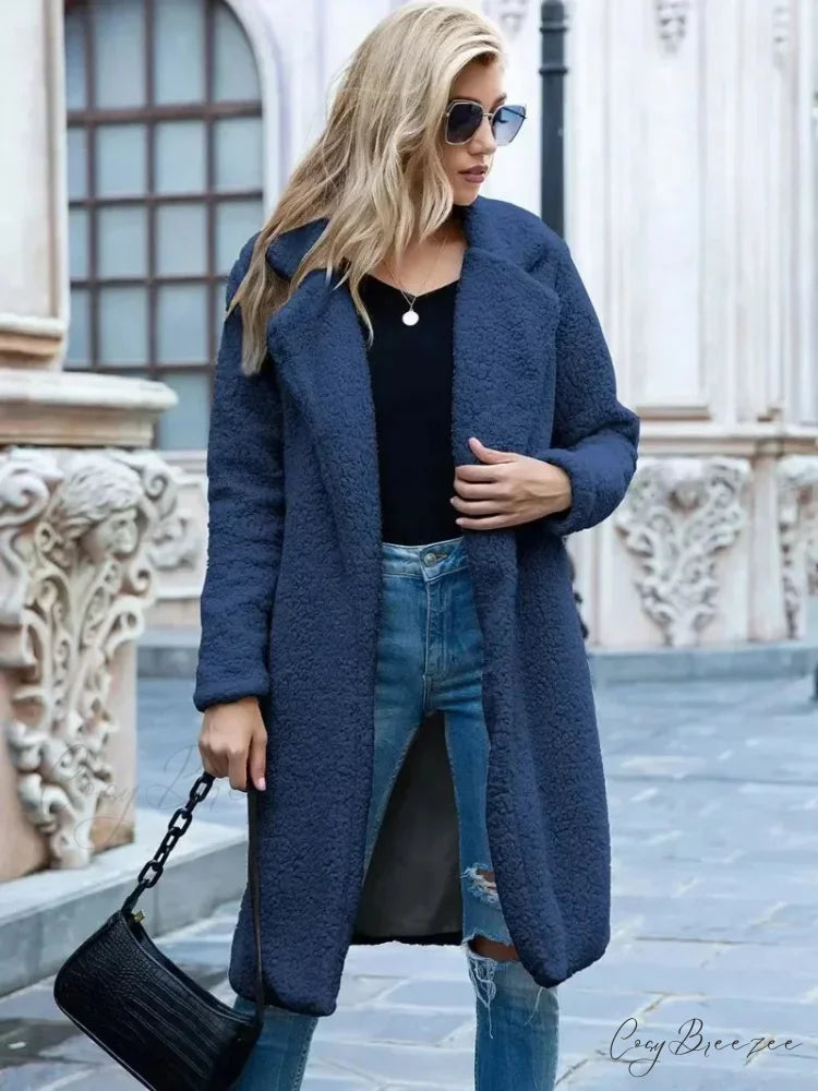 Teddy Bear Plush Turtleneck Coat Navy Blue / S overcoats-241228