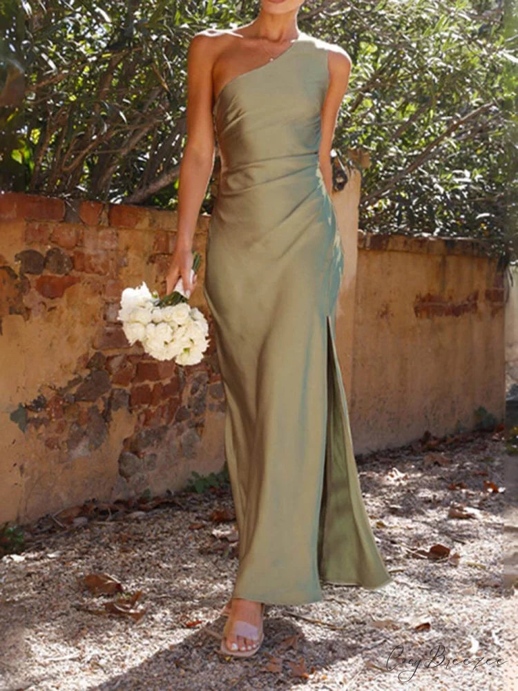 Temperament Slim Fit One Graceful Shoulder Split Satin Dress Green / S