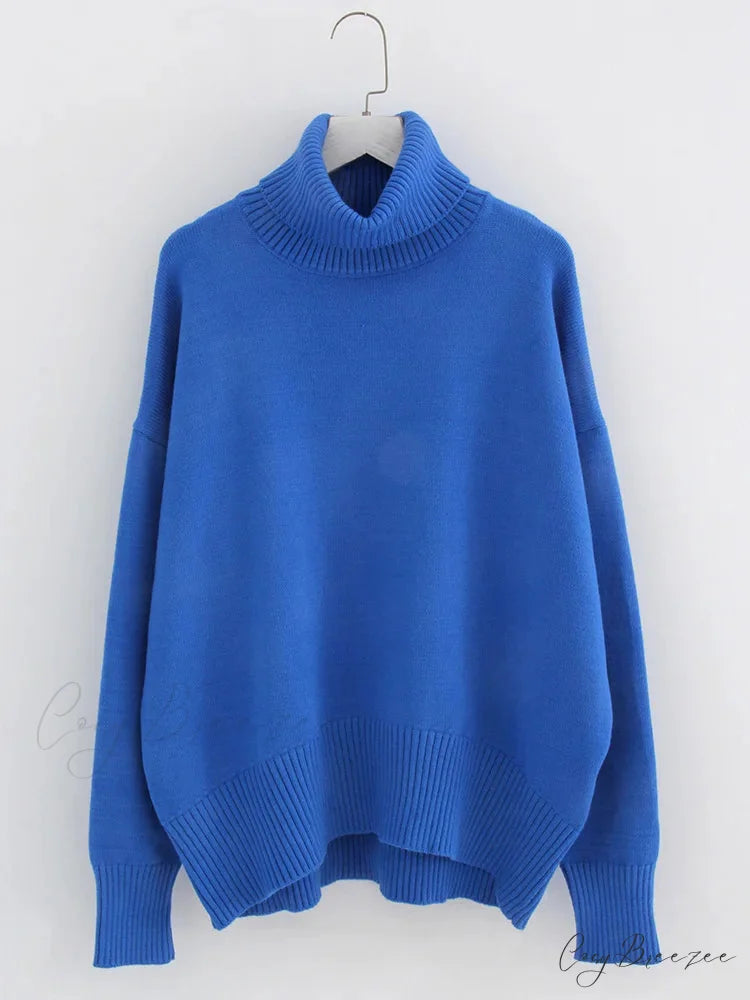 Thick Cozy Oversize Warm White High Neck Knitted Casual Comfortable Sweater Blue / S