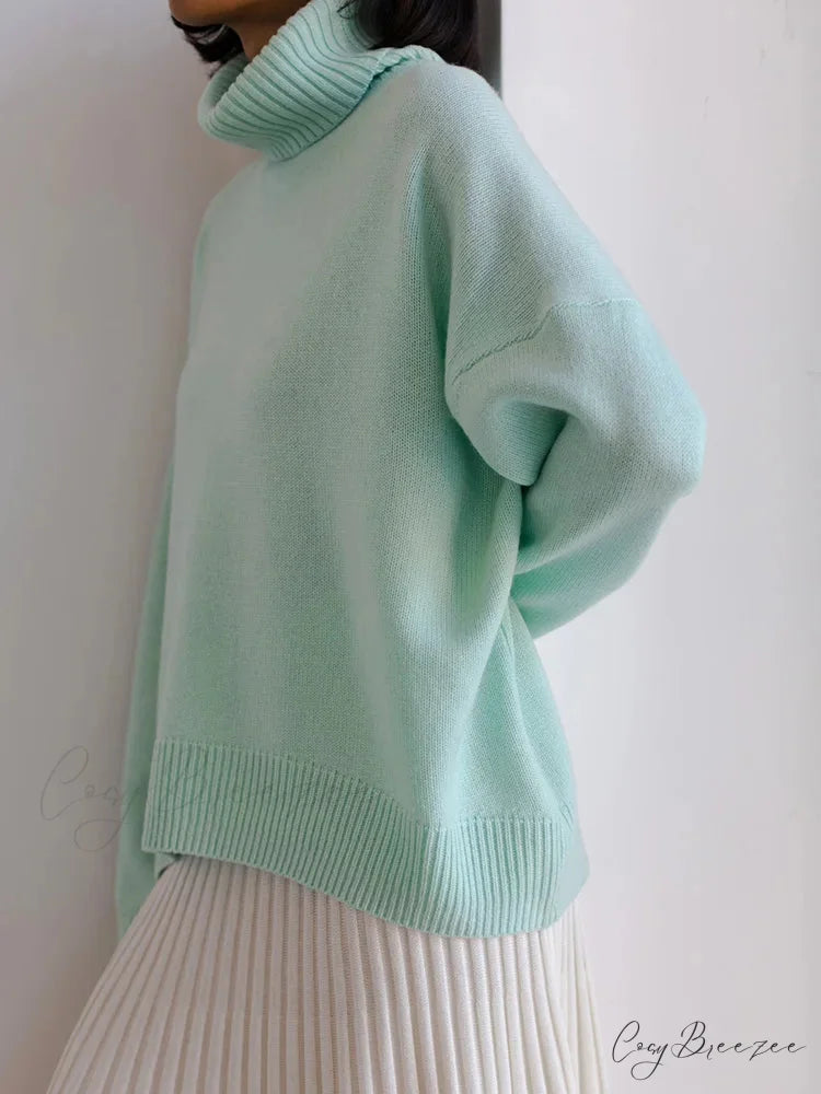 Thick Cozy Oversize Warm White High Neck Knitted Casual Comfortable Sweater GREEN / S