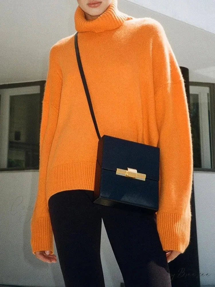 Thick Cozy Oversize Warm White High Neck Knitted Casual Comfortable Sweater Orange / S